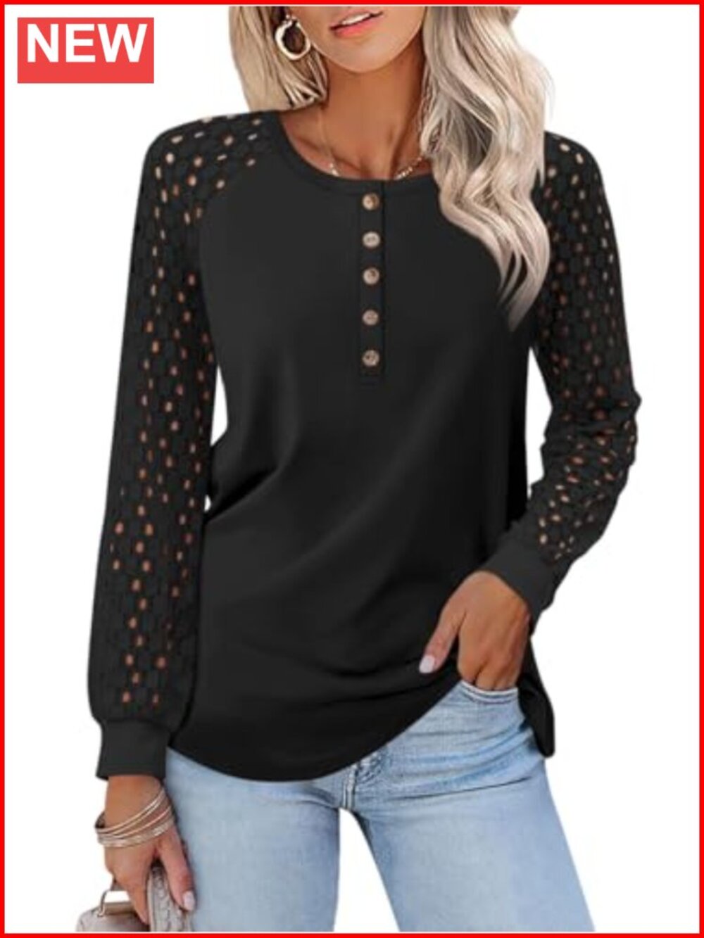 Women's Lace Long Sleeve Henley Tunic Shirt Button Down Blouse